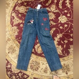 Vntg Antonella Baby Jeans Made in Italy 100% Cotton High-Waist Cat Bow Embroider